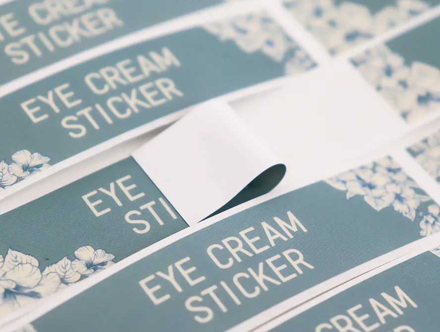 Close up of custom eye cream label sheets
