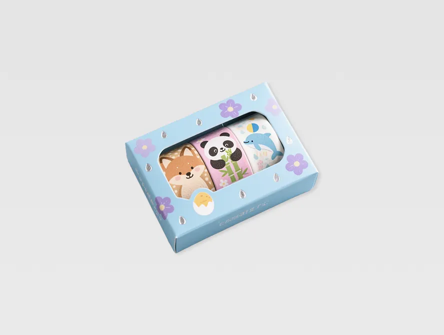 Horizontal washi tape set box with cute cartoon graphics