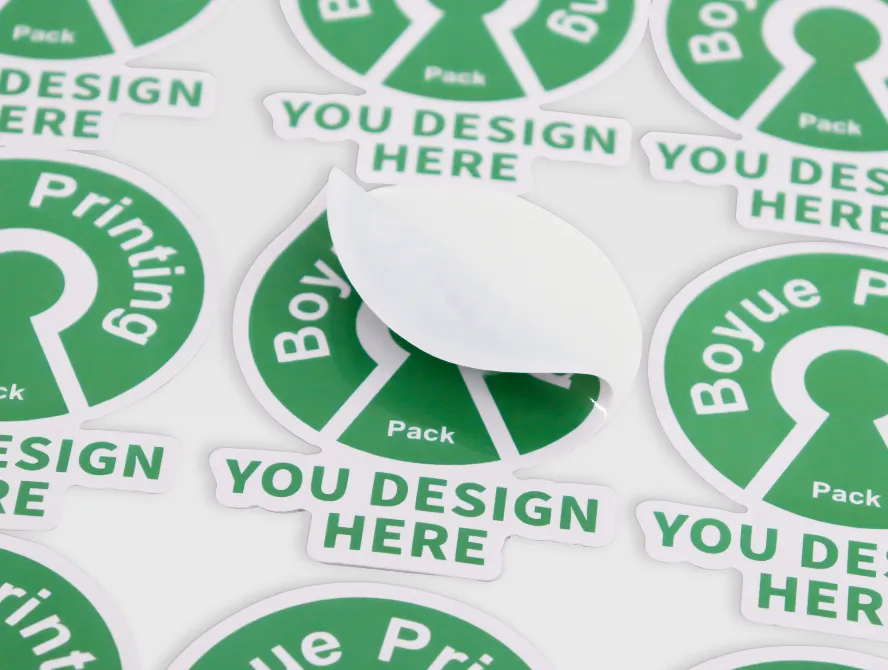 Peeling die cut sticker showing adhesive side