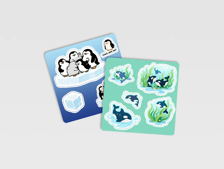 Custom sticker sheets with panda and penguin designs