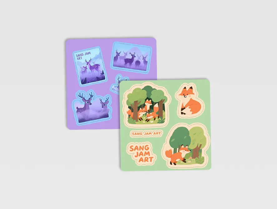Purple custom sticker sheets with playful characters