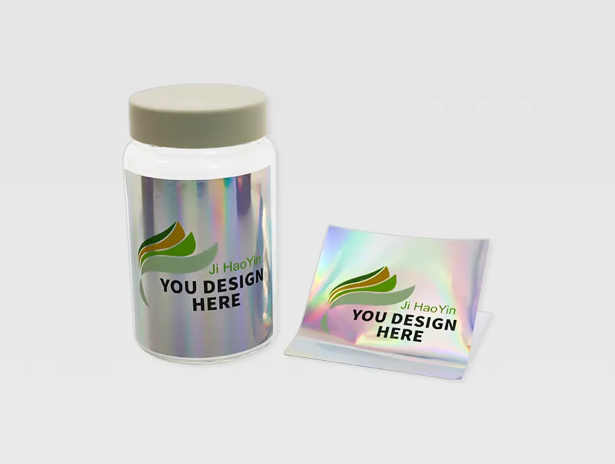 Holographic sticker applied to glass jar