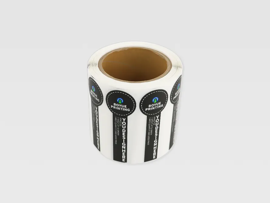 Custom label tab roll with black and blue design