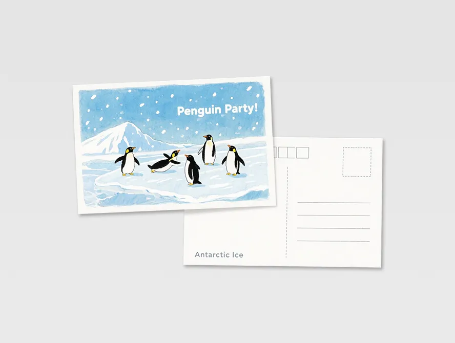 Penguin themed custom postcard with winter scene