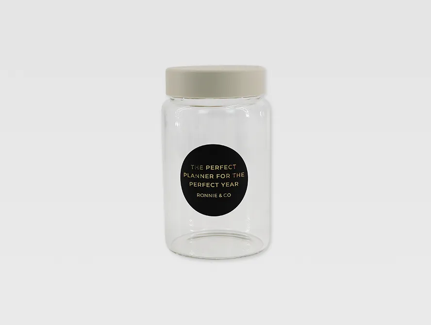 Jar with custom black and gold foil label
