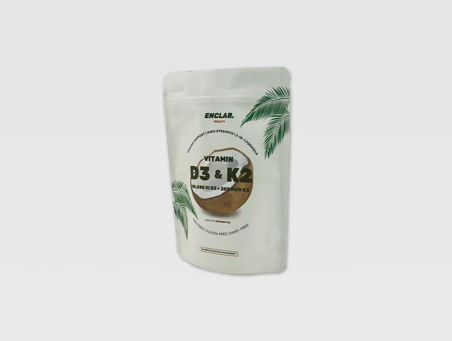 Front angled view of coconut themed resealable packaging pouch