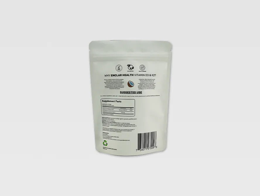Back view of resealable pouch with printed product information