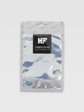 Silver smell proof mylar bag with black label and resealable top (2)