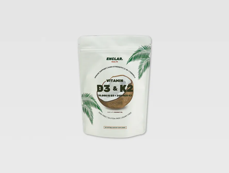 White custom resealable pouch with coconut design and tropical leaves