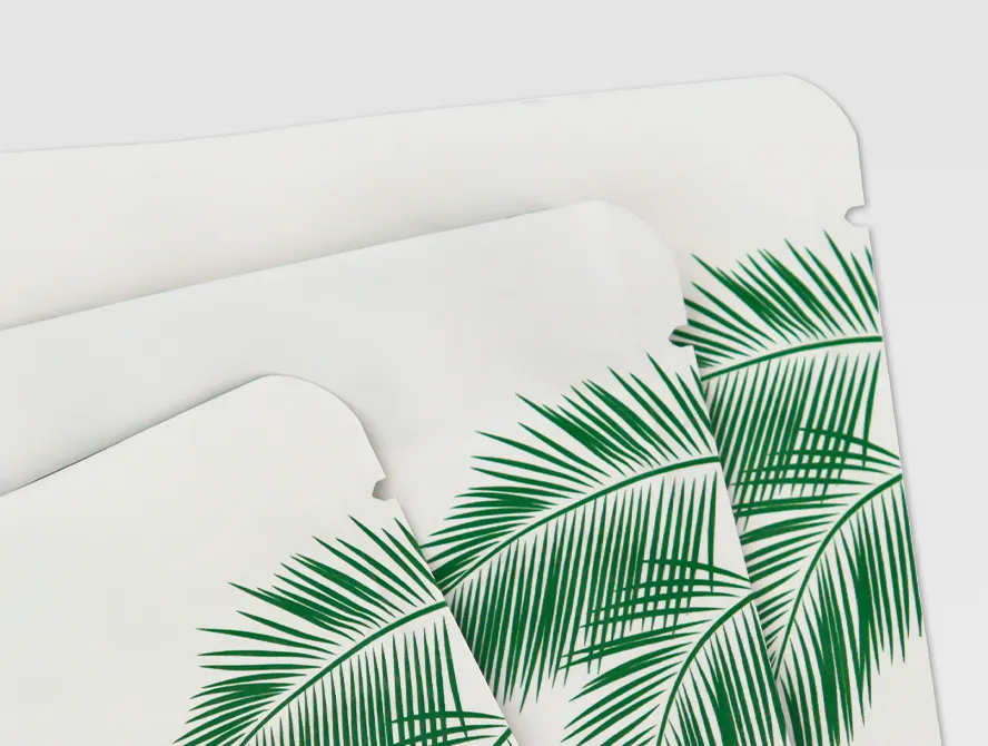 Close up of tropical leaf pattern on resealable packaging pouches
