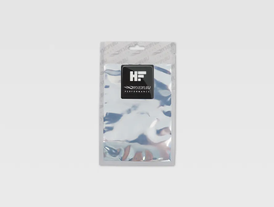 Silver smell proof mylar bag with black label and resealable top