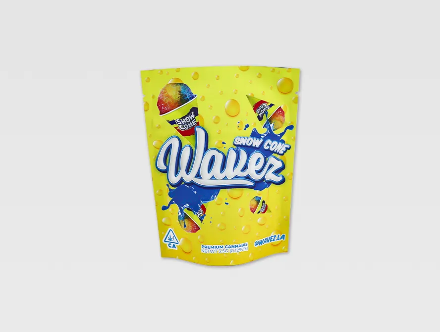 Yellow child resistant mylar bag with colorful snack design
