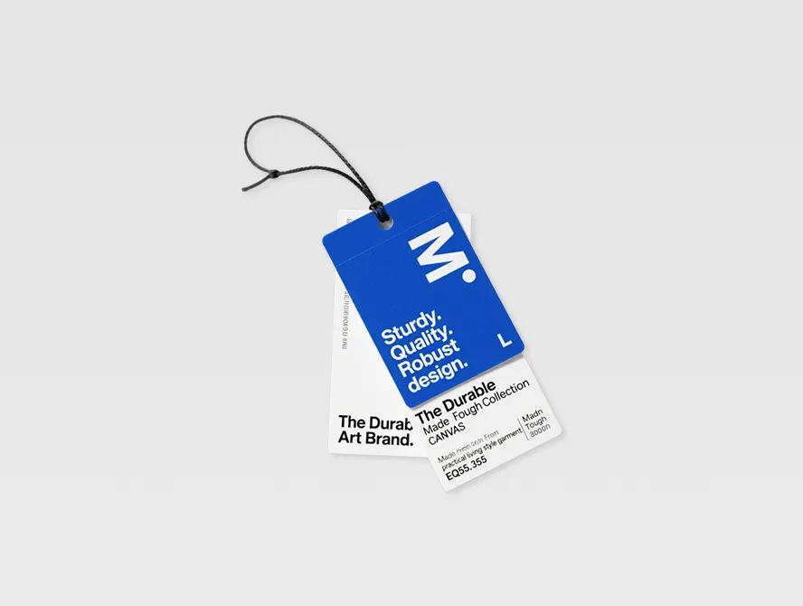 Blue hang tag with bold font and white string