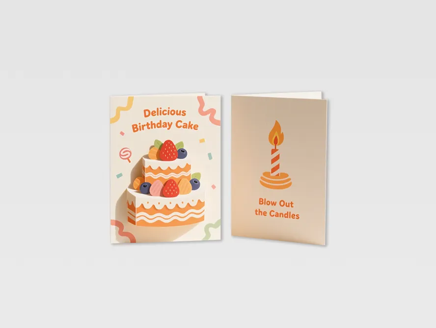 Two panel birthday card with cartoon burger and candle illustration