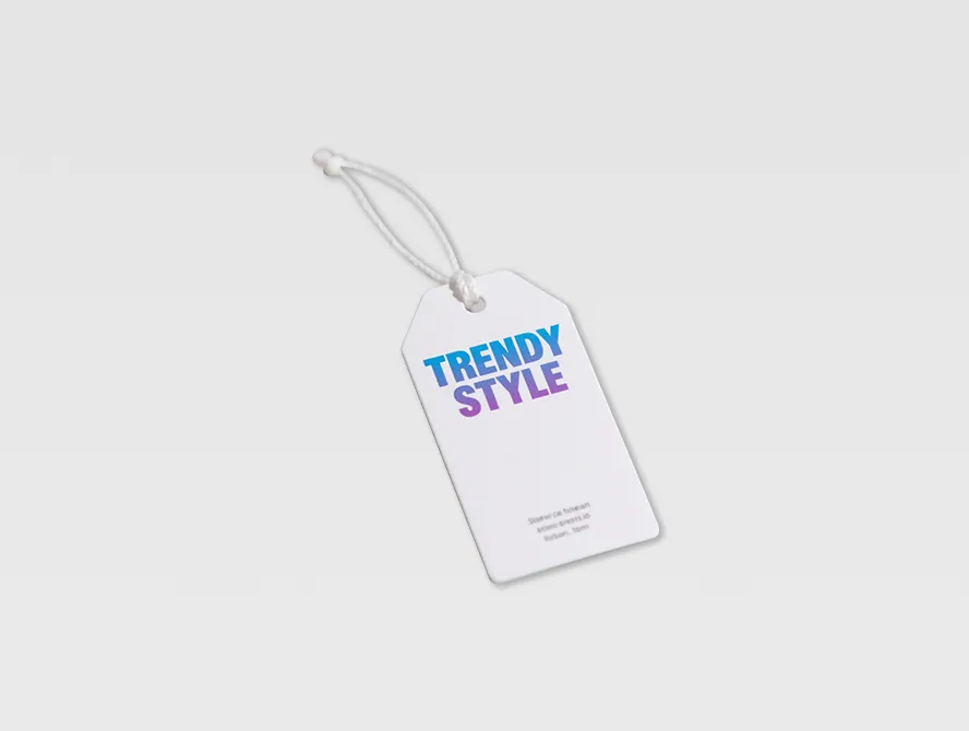 White custom swing tag with blue print and string