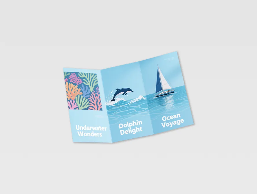 Light blue folded brochure with ocean and resort style illustrations
