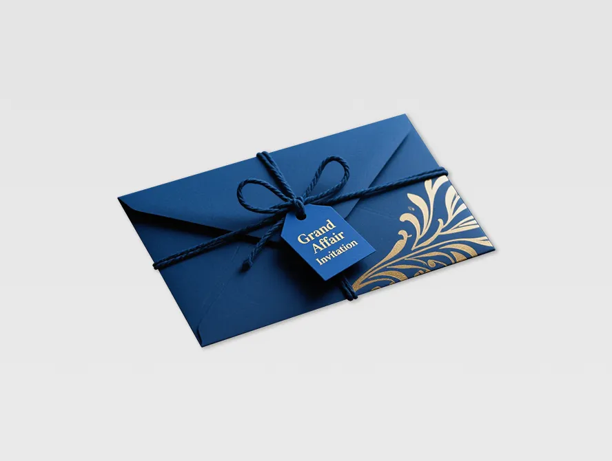 Blue invitation envelope tied with silver ribbon