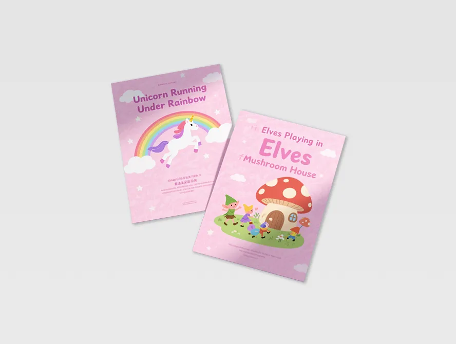 Pink children’s party flyers with cartoon illustrations
