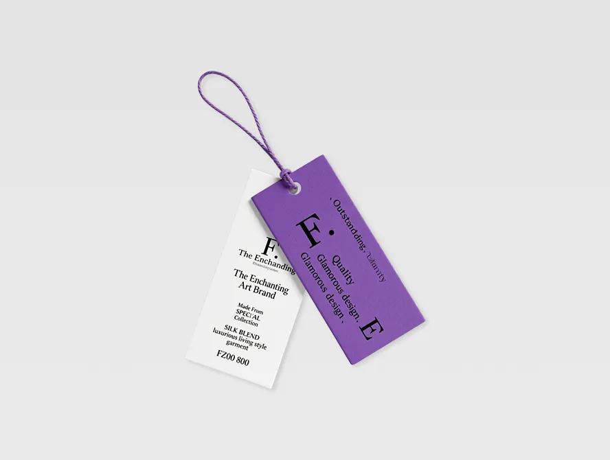 Purple custom hang tag with product details and string loop