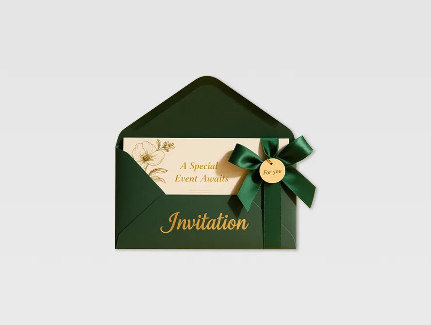 Green envelope with invitation card and floral decoration