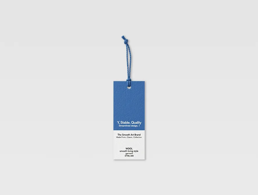 Bold blue rectangular swing tag with clean design