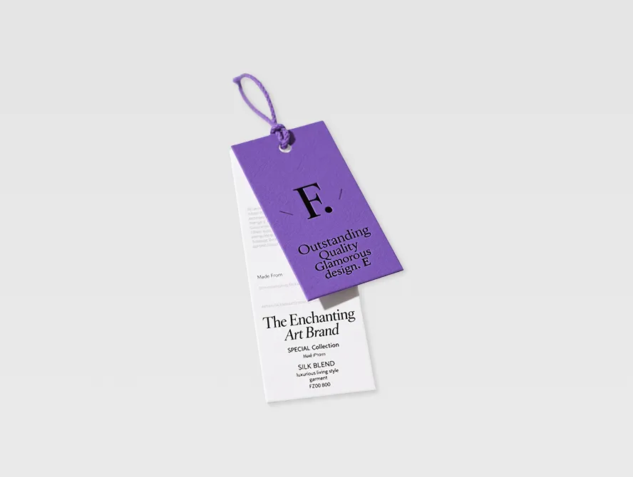 Dark purple hang tag with minimalist branding design