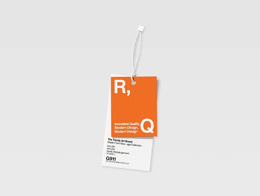 Orange hang tag with white string and modern layout