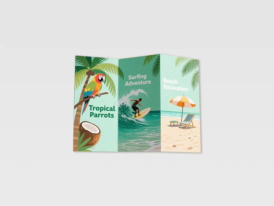Tropical themed custom brochure with beach and palm tree illustrations