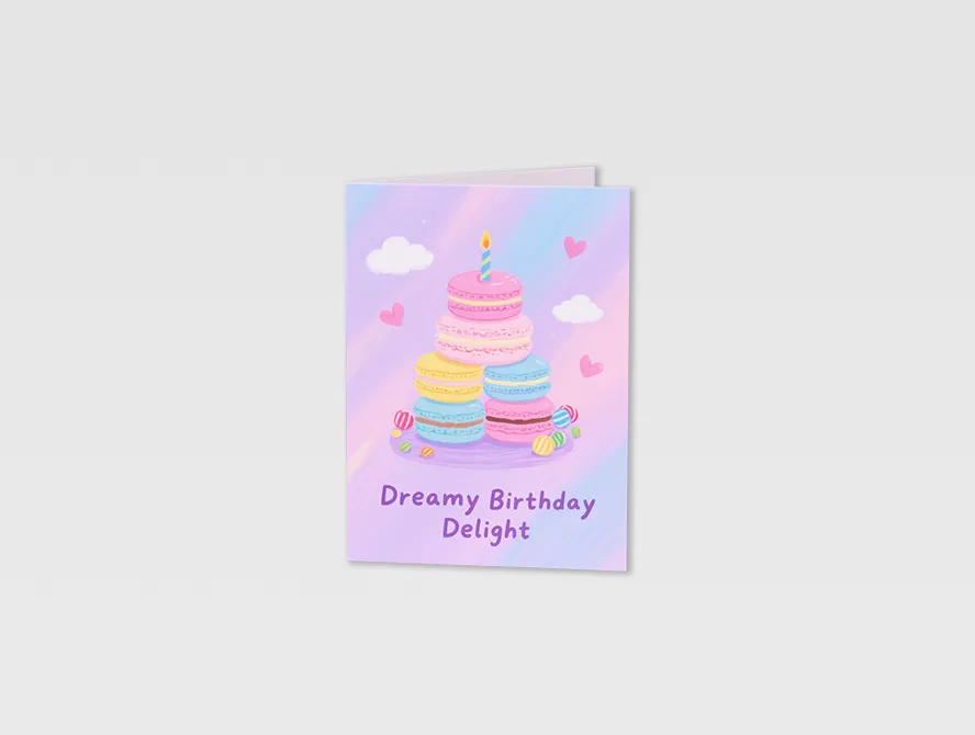 Colorful pastel birthday card with cake and happy birthday text