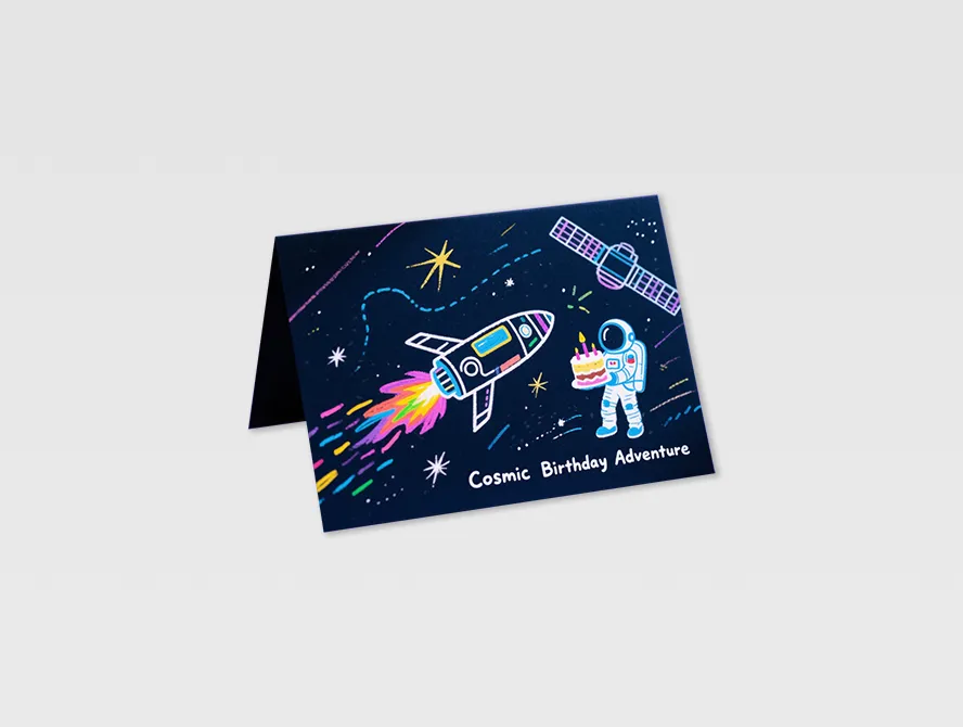 Dark space themed custom birthday card with astronaut and rocket illustration