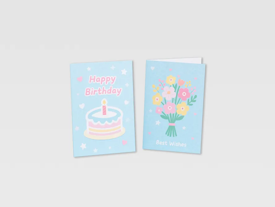 Blue custom birthday card with playful animal and cake designs