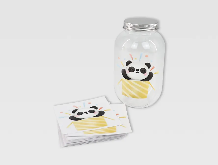 Uv dtf sticker with panda and yellow design applied to jar