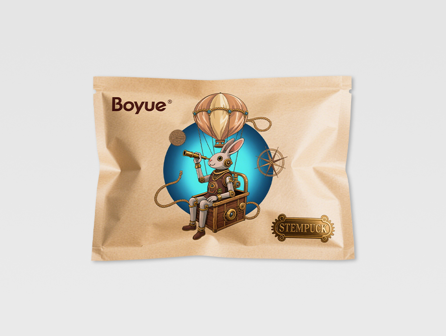 Eco friendly kraft pouch with zipper and turquoise character label