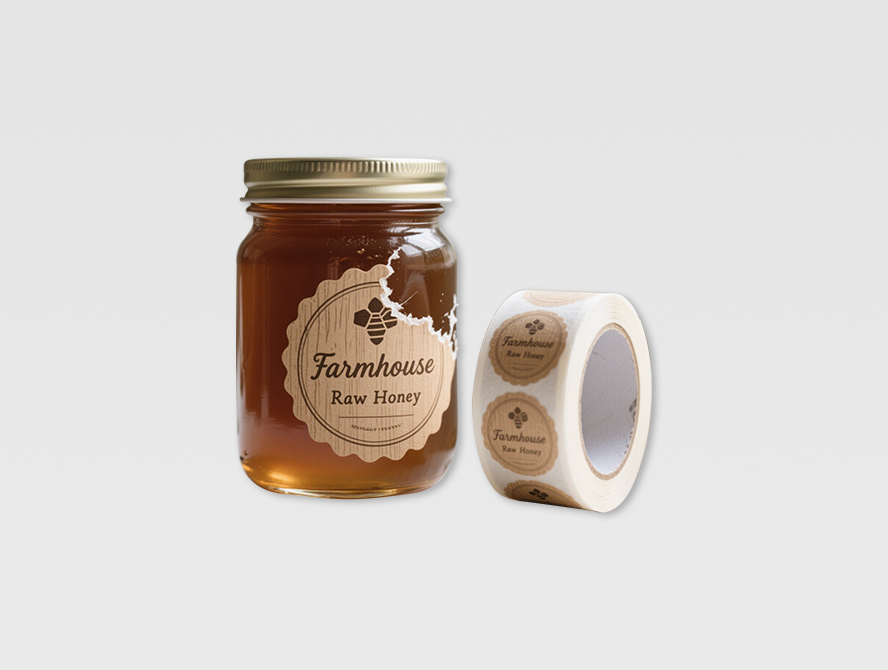 Permanent label on brown honey jar with custom roll packaging