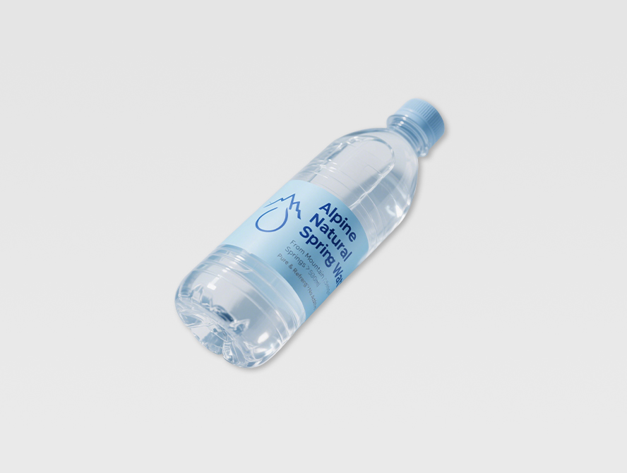 Clear water bottle with blue printed branding label