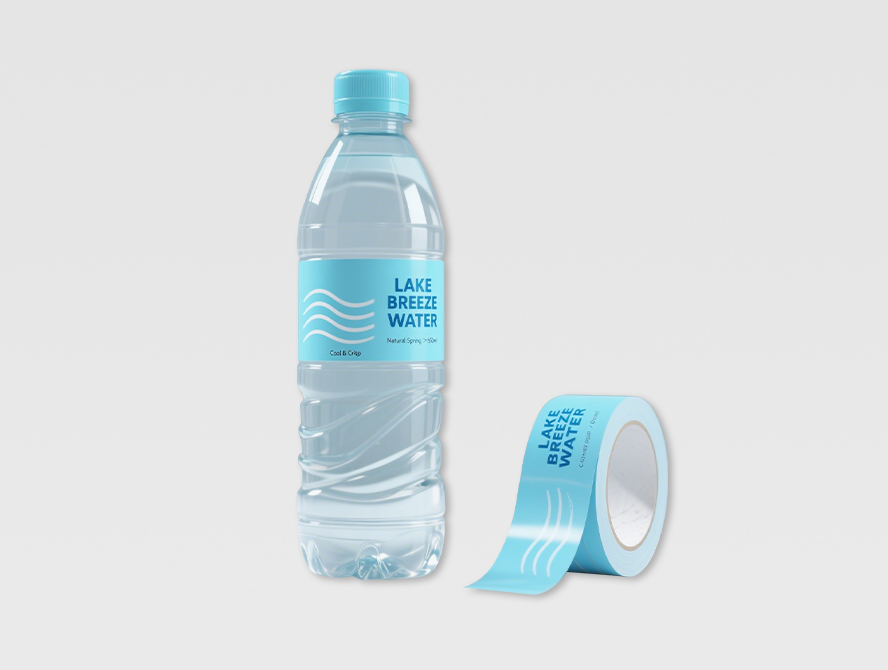 Blue personalized water bottle label with roll for beverage branding