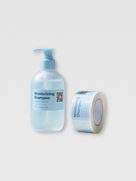 Qr code label stickers applied on light blue shampoo bottles (2)