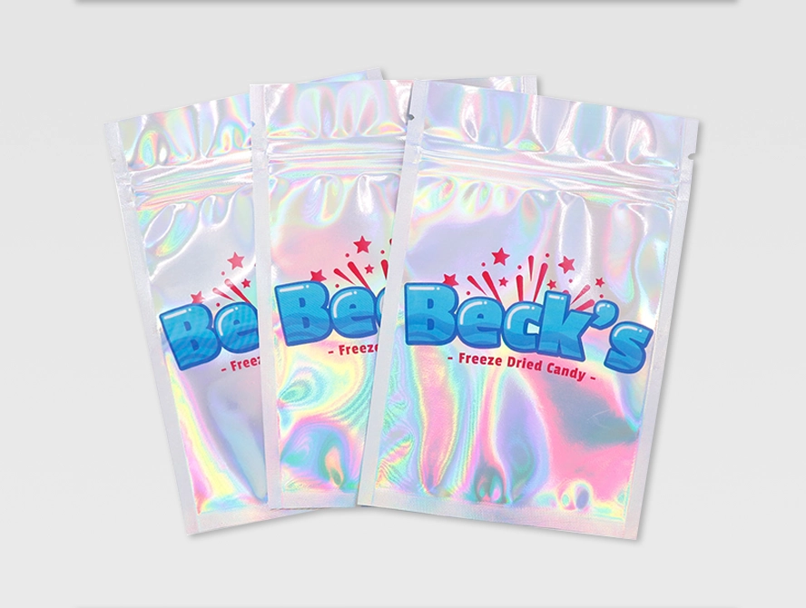 Set of colorful holographic mylar bags with 3 side seal design