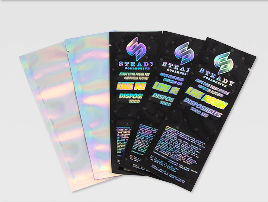 Black matte mylar bags with holographic design and 3 side seal