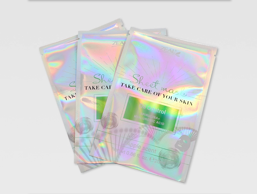 Holographic 3 side seal bags with printed graphics and clear front