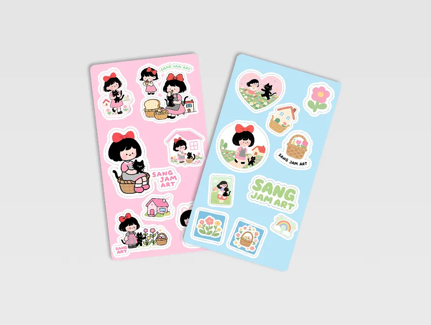 Cute character sticker sheets in pink and blue