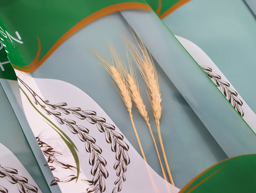 Top view of rice bags with traditional gold cutlery and ceramic plates