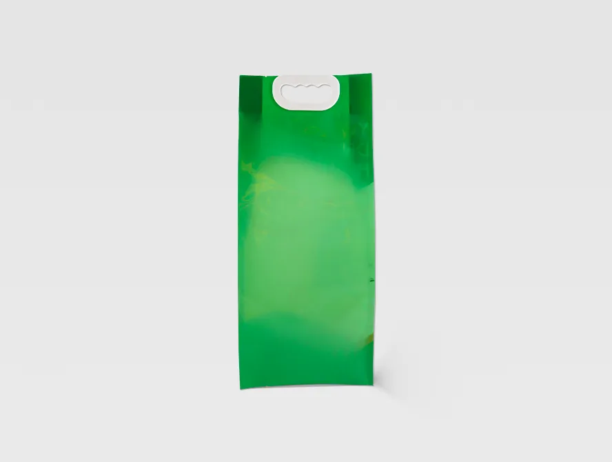 Back view of green rice pouch with vertical sealed edges