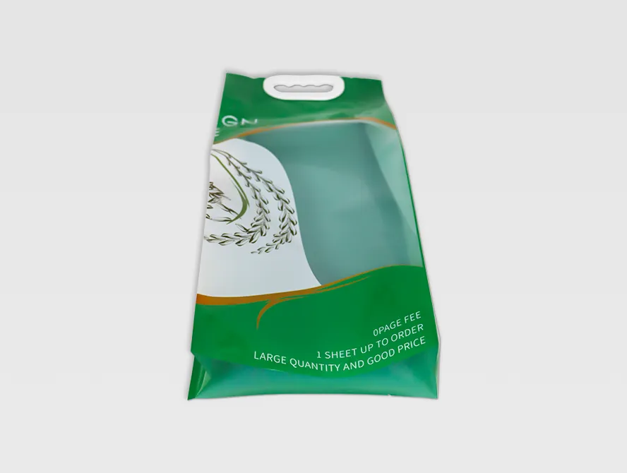 Close up of gusseted rice packaging bag with white label