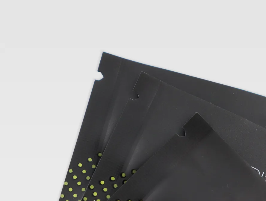 Detail view of flat pouch corner seal and zipper
