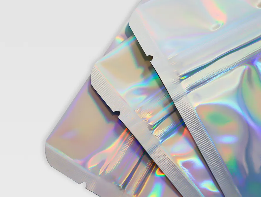 Tear notch detail view of holographic mylar bag