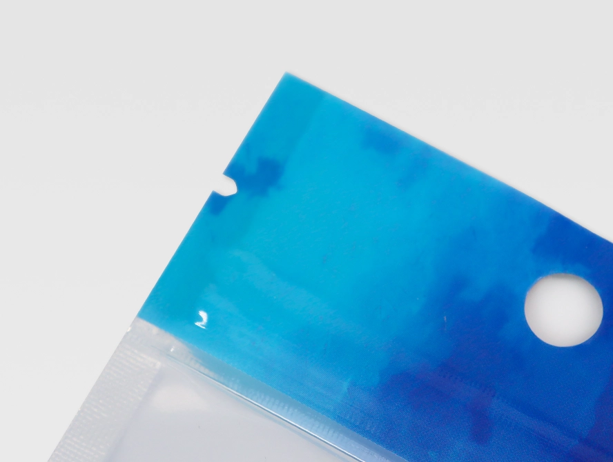 Angle view of mylar bag with tear notch and see through window