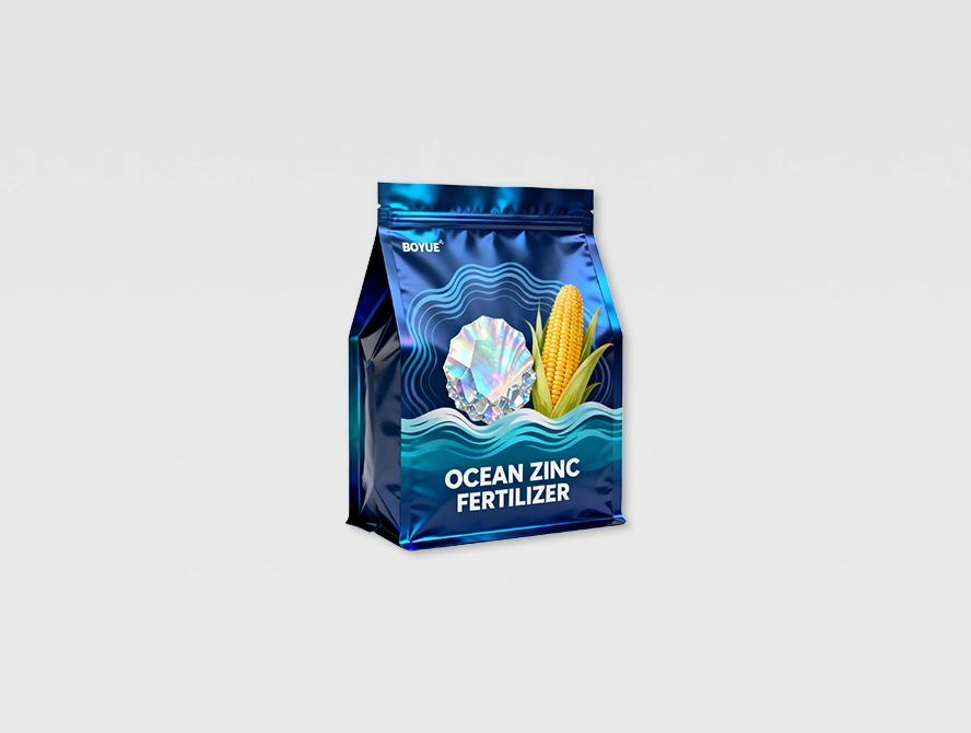 Blue fertilizer packaging with plant imagery and resealable top