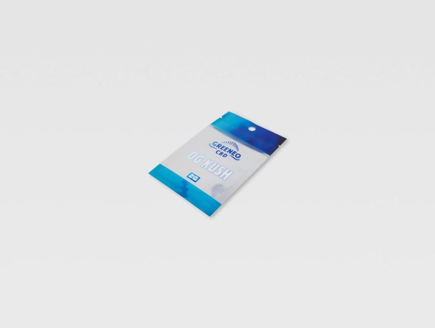 Mini blue mylar bag with window, laid flat on white background