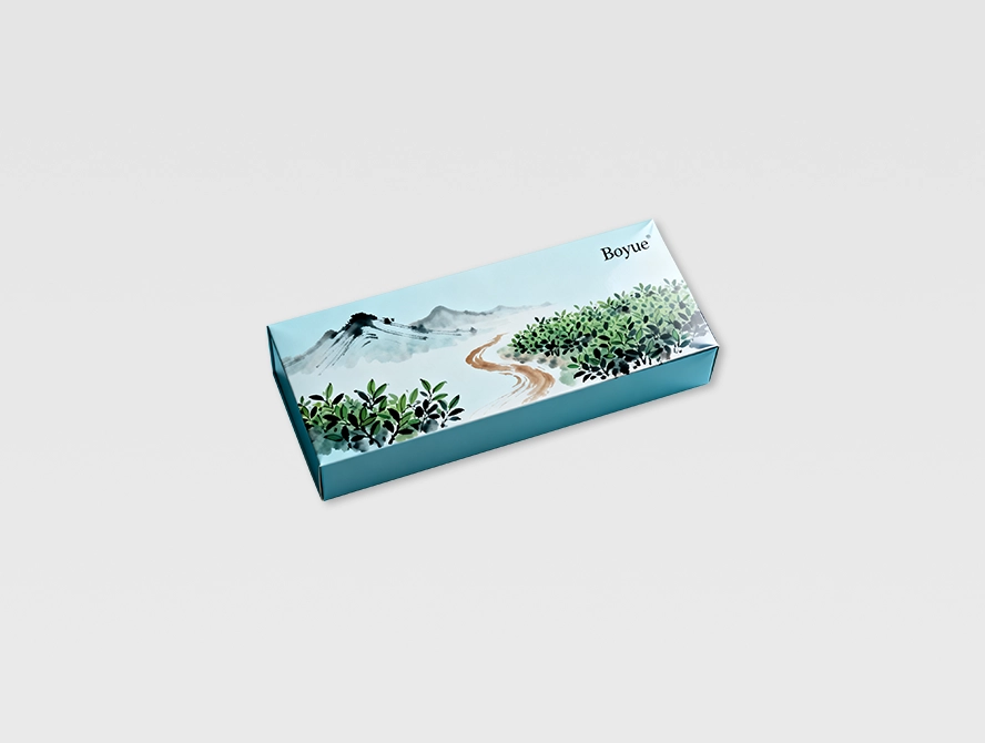 Modern rectangular tea box with green landscape and wave design